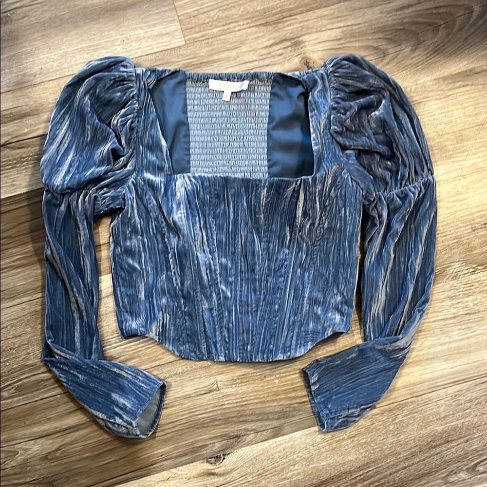 Wayf Blue Gray Puff Sleeve Ruched Blouse